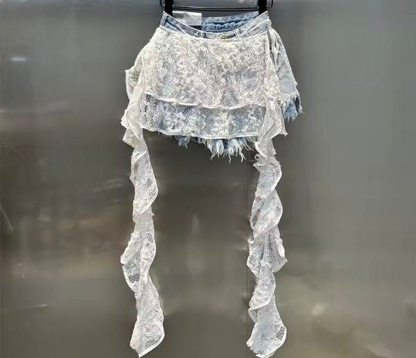 Women Fashion Lace Patchwork Ripped Denim Shorts