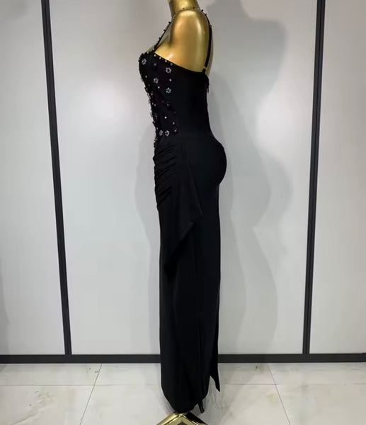 Women Sexy Black Sleeveless Beaded Tassel Maxi Dress