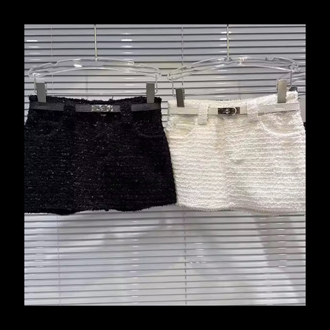 Women Sexy Fashion Belted Tweed Short Skirt