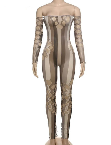 Women Sexy Multicolored Striped Cut Out Full Sleeve Mesh Jumpsuit