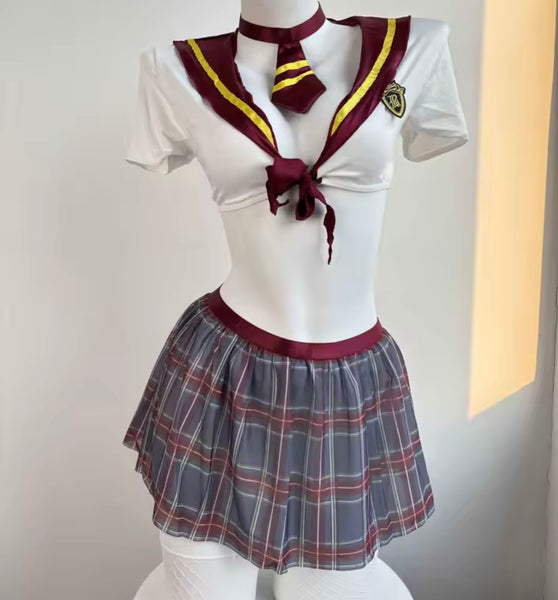 Women Sexy Tie Short Sleeve Plaid Lingerie Set