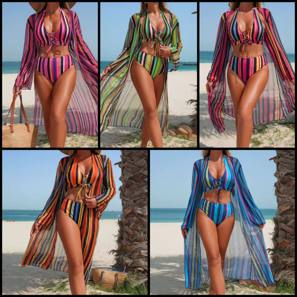 Women Sexy Multicolored Striped Bikini Cover Up Set