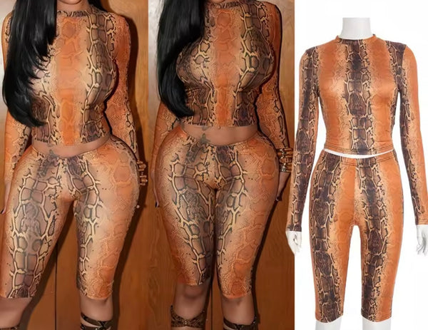Women Fashion Color Animal Print Full Sleeve Two Piece Capri Pant Set