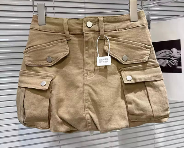 Women Color Fashion Pocket Cargo Skirt