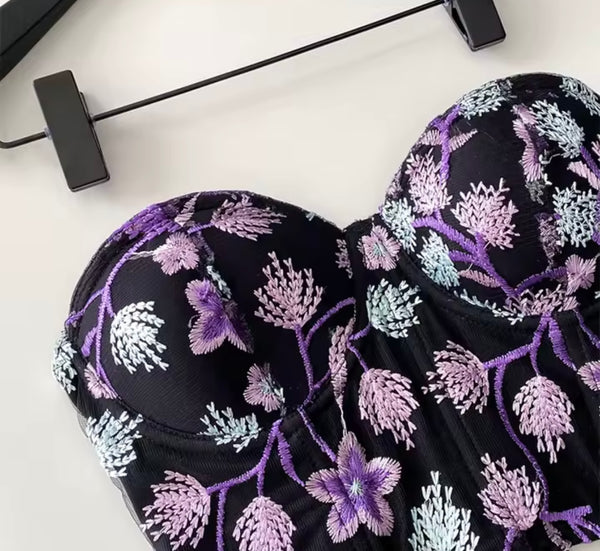 Women Sexy Black Floral Strapless Corset Top
