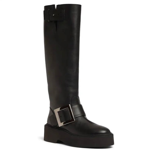 Women Black Round Toe Buckled Faux Leather Knee High Boots