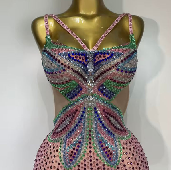 Women Sexy Sleeveless Open Back Color Rhinestone Dress