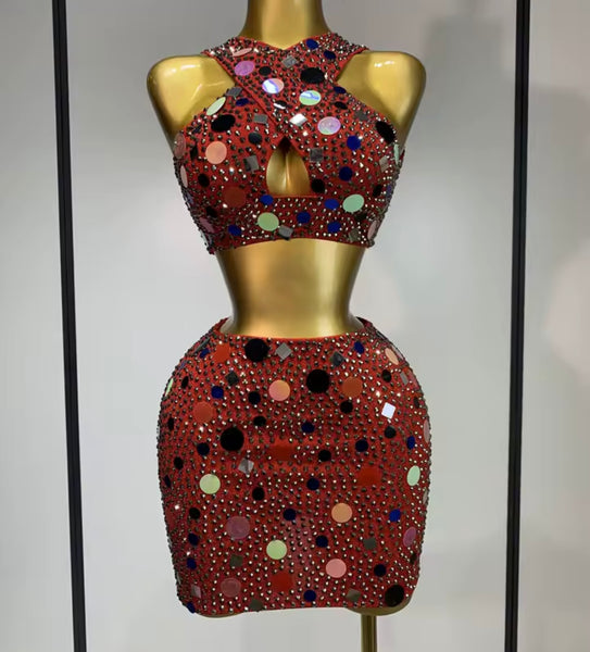 Women Sexy Sleeveless Bling Sequins Two Piece Skirt Set