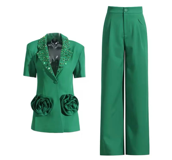 Women Sequins Short Sleeve Blazer Two Piece Pant Set