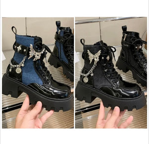 Women Fashion Butterfly Chain Lace Up Ankle Boots
