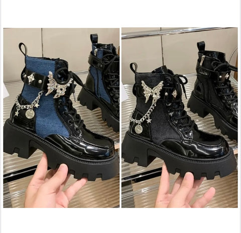 Women Fashion Butterfly Chain Lace Up Ankle Boots
