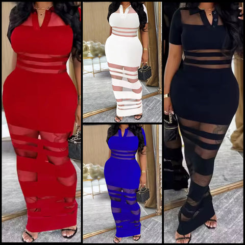 Women Sexy Short Sleeve Solid Color Mesh Patchwork Maxi Dress