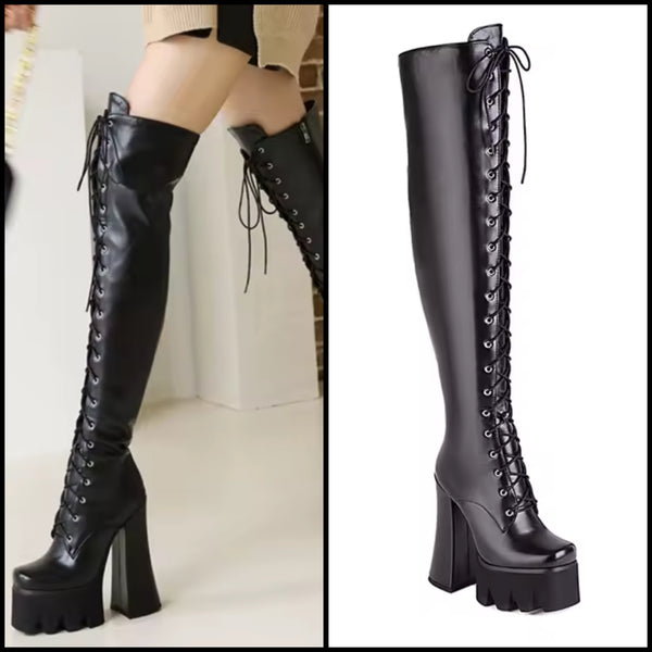 Women Fashion Black Lace Up Platform High Heel Boots