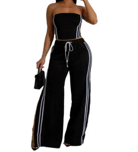 Women Color Sexy Strapless Striped Two Piece Pant Set