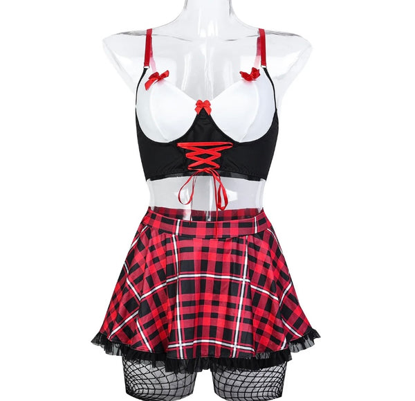 Women Sexy Plaid Lace Up Lingerie Set
