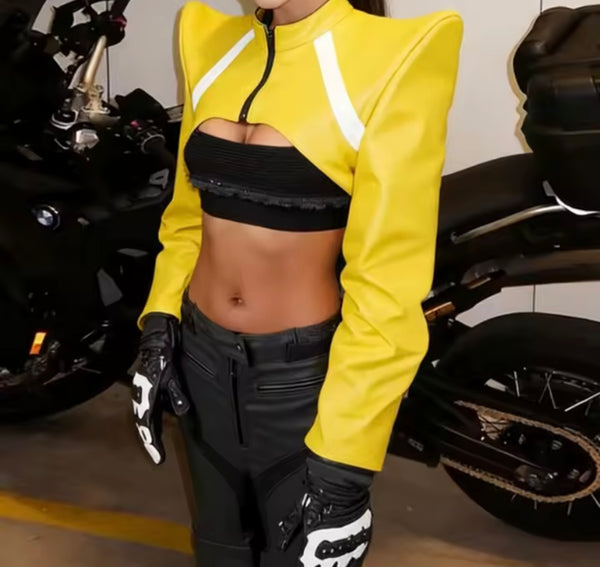 Women Yellow Fashion Faux Leather Zip Up Crop Jacket