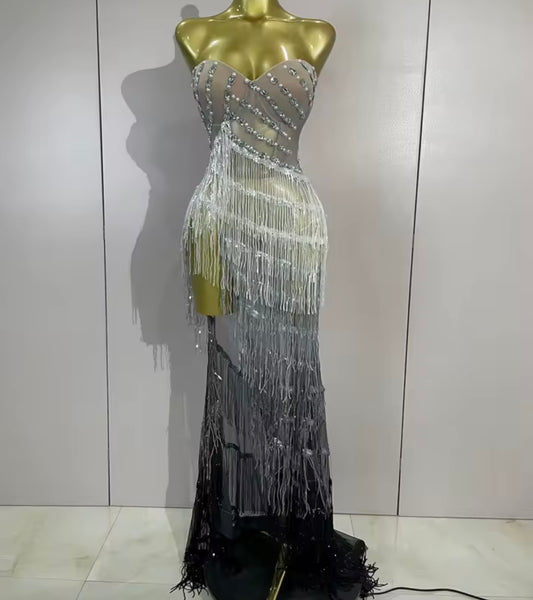 Women Sexy Strapless Rhinestone Gray Gradient Fringe Tassel Dress