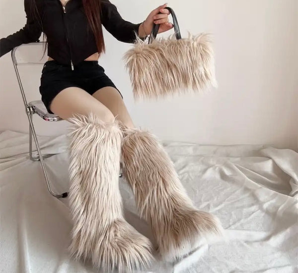Women Fashion Color Faux Fur Knee High Boots Purse Set