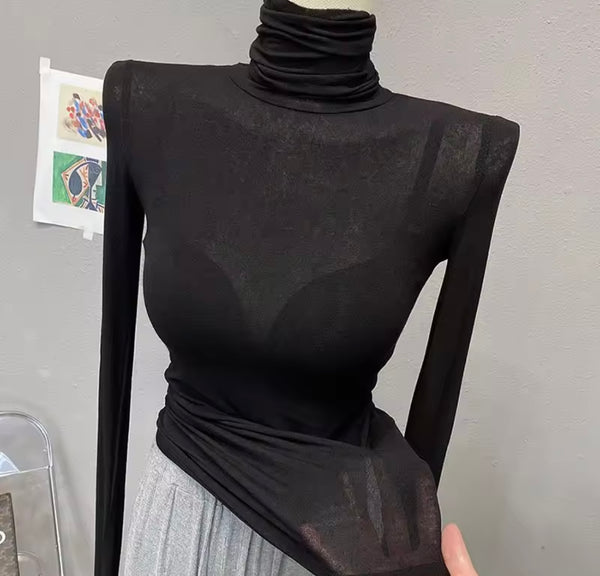 Women Fashion Turtleneck Full Sleeve Mesh Top