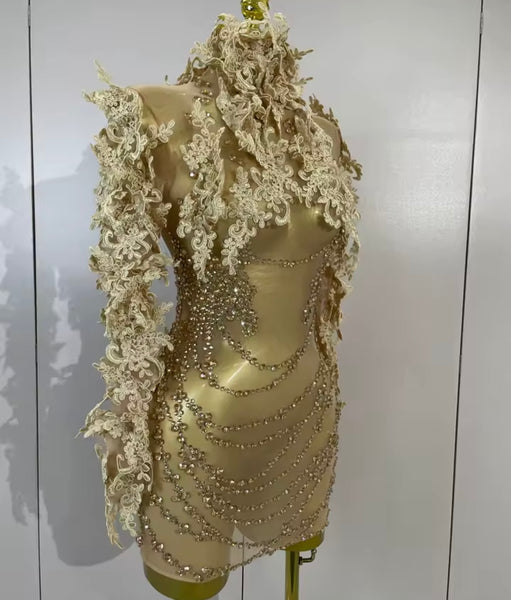 Women Sexy Sequins Rhinestone Mesh Full Sleeve Dress
