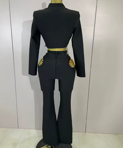 Women Black Chain Cut Out Full Sleeve Crop Two Piece Pant Set