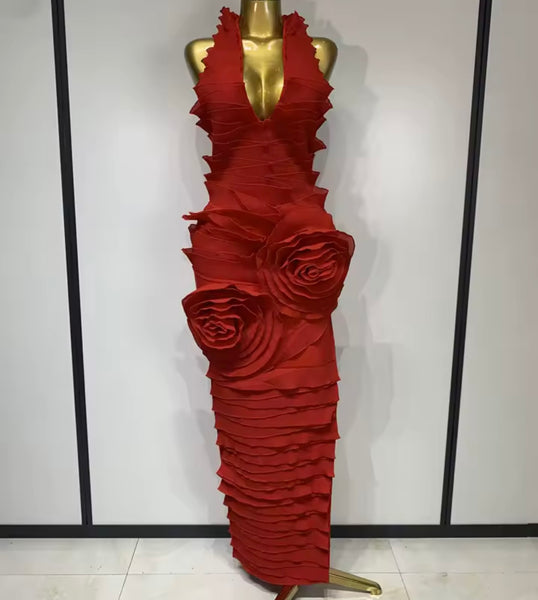 Women Red Sexy Halter Sleeveless Ruffled Maxi Dress