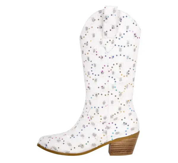 Women Fashion Sequins Denim Western Mid-Calf Boots