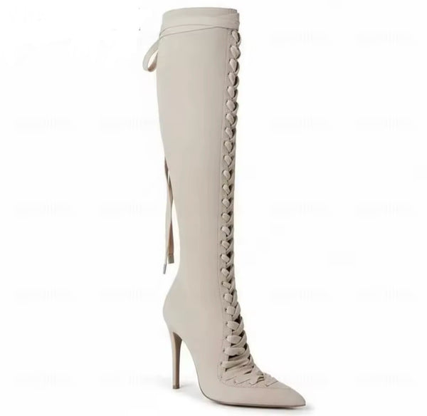 Women Fashion Pointed Toe Lace Up Suede Knee High Boots
