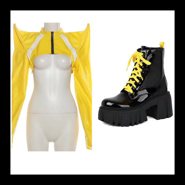 Women Yellow Fashion Faux Leather Zip Up Crop Jacket