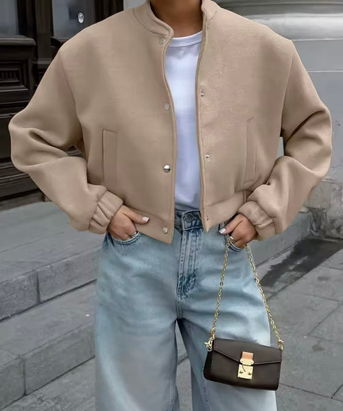 Women Fashion Khaki Button Up Bomber Jacket