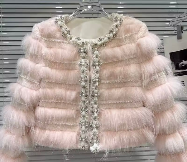 Women Fashion Pink Rhinestone Pearl Faux Fur Jacket