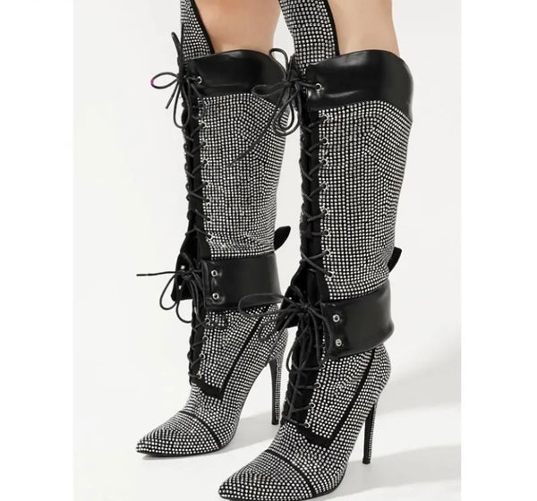 Women Fashion Bling Lace Up Knee High Boots