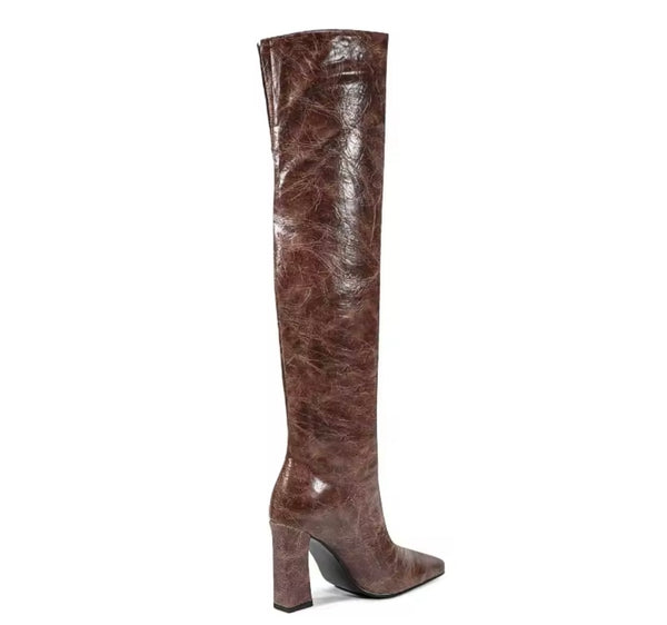 Women Color Faux Leather Square Toe Fashion Knee High Boots