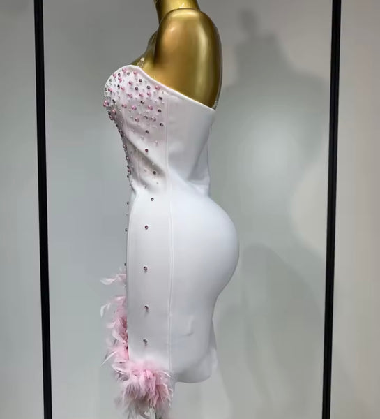 Women White Sexy Pink Feather Rhinestone Dress