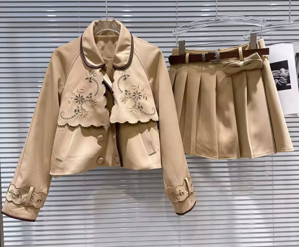 Women Fashion Khaki Jacket Two Piece Pleated Skirt Set
