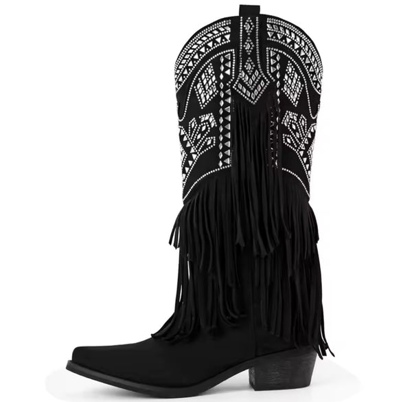 Women Fashion Suede Bling Fringe Tassel Western Boots