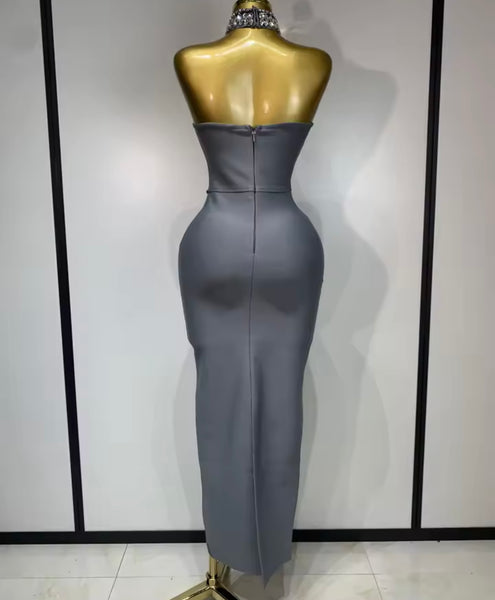 Women Sexy Choker Strapless Gray Rhinestone Maxi Dress