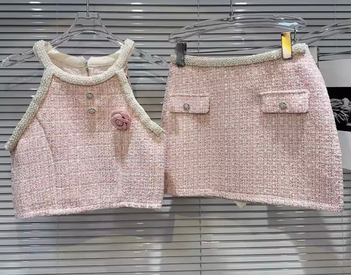 Women Bling Sleeveless Tweed Two Piece Sexy Skirt Set