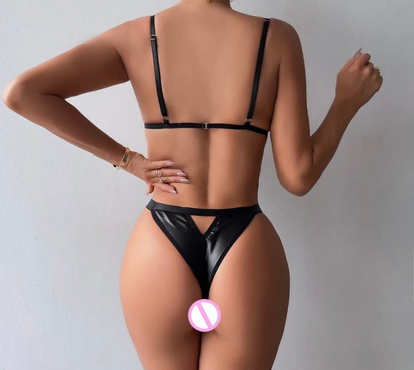 Women Sexy Black PU Heart Tassel Lingerie Set