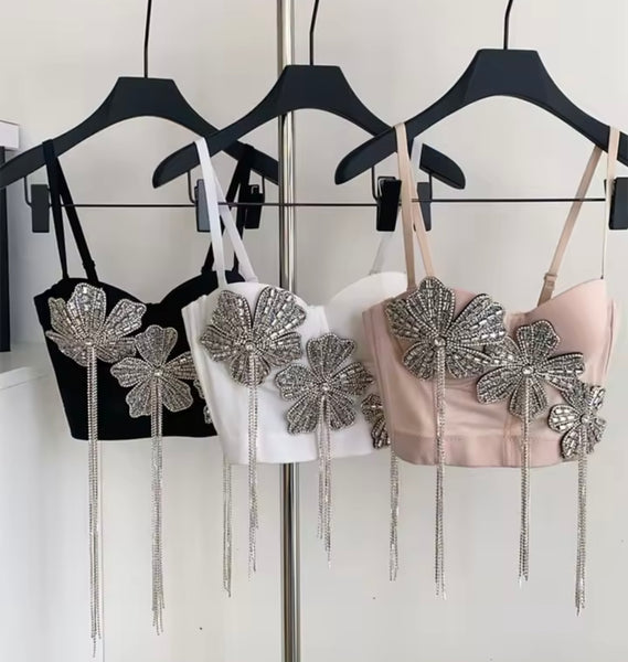 Women Fashion Sleeveless Floral Rhinestone Tassel Top