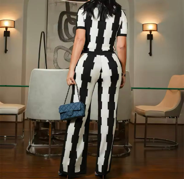 Women Short Sleeve Color Patchwork Striped Two Piece Pant Set