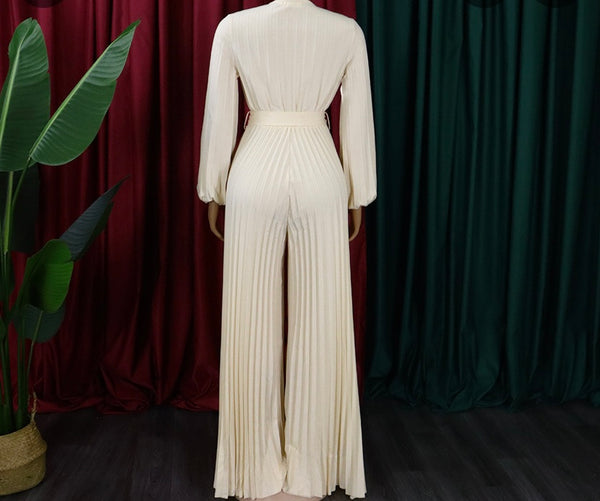 Women Sexy V-Neck Full Sleeve Belted Pleated Jumpsuit