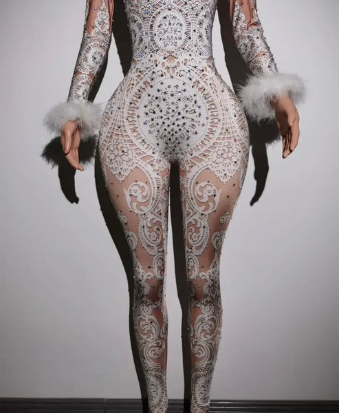 Women Sexy Feather Full Sleeve Rhinestone Jumpsuit