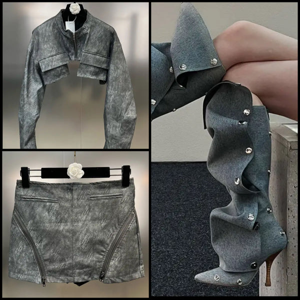 Women Fashion Sexy Gray Two Piece Skirt Set