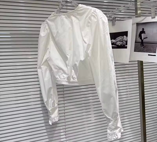 Women White Button Up Ruffled Full Sleeve Two Piece Skirt Set