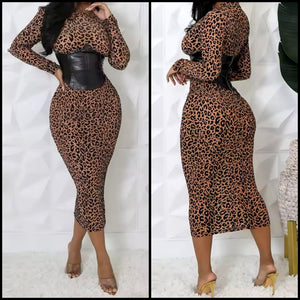 Women Sexy Leopard PU Corset Full Sleeve Mesh Maxi Dress