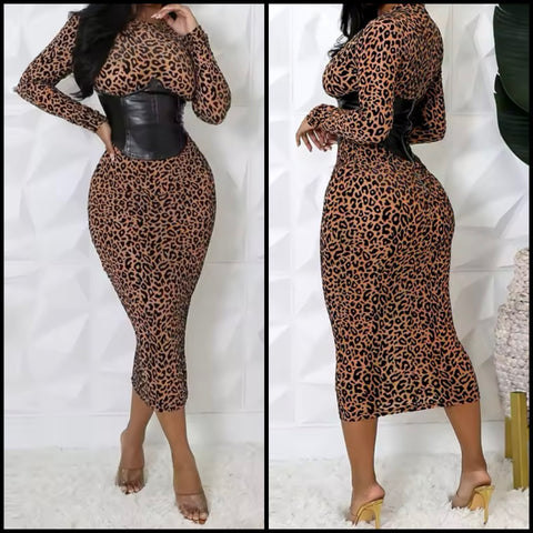 Women Sexy Leopard PU Corset Full Sleeve Mesh Maxi Dress