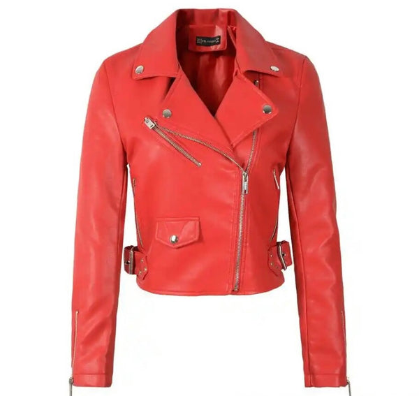 Women Color Fashion Faux Leather Jacket