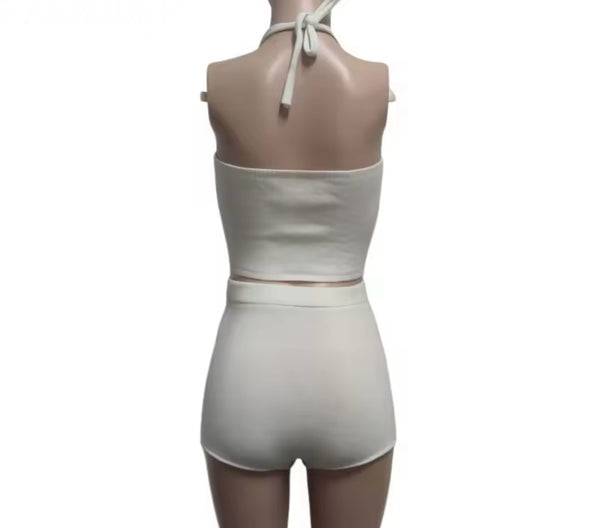 Women White Halter Sleeveless Bling Two Piece Short Set