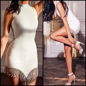Women White Sexy Sleeveless Bling Tassel Dress
